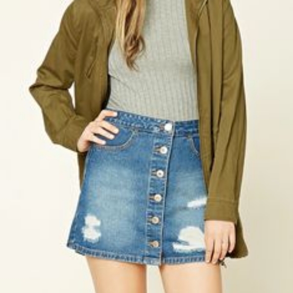 S Forever 21 Ripped Button Up Denim Skirt - Picture 2 of 12